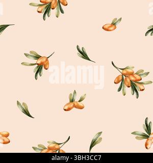 Rami di spinone marino con bacche di arancia e foglie verdi. Acquerello dipinto a mano motivo floreale autunnale senza cuciture su sfondo rosa pesca per l'autunno Foto Stock