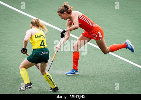 Amsterdam, Paesi Bassi. 7 giugno 2025. AMSTERDAM, PAESI BASSI - 7 GIUGNO: Felice Albers dei Paesi Bassi combatte per il possesso con Amy Lawton dell'Australia durante la partita FIH Hockey Pro League 2025 tra Paesi Bassi e Australia al Wagener Stadion il 7 giugno 2025 ad Amsterdam, Paesi Bassi. (Foto di Andre Weening/Orange Pictures) credito: Orange Pics BV/Alamy Live News Foto Stock