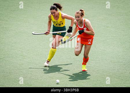 Amsterdam, Paesi Bassi. 7 giugno 2025. AMSTERDAM, PAESI BASSI - 7 GIUGNO: Marijn Veen dei Paesi Bassi combatte per il possesso con Jesse Reid dell'Australia durante la partita FIH Hockey Pro League 2025 tra Paesi Bassi e Australia al Wagener Stadion il 7 giugno 2025 ad Amsterdam, Paesi Bassi. (Foto di Andre Weening/Orange Pictures) credito: Orange Pics BV/Alamy Live News Foto Stock