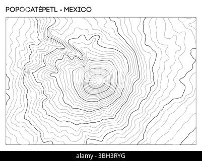 Mappa topografica dei contorni del vulcano Popocatepetl in Messico con cratere centrale e ripide pendenze di elevazione. Sfondo del terreno vettoriale delle linee di contorno. Illustrazione Vettoriale