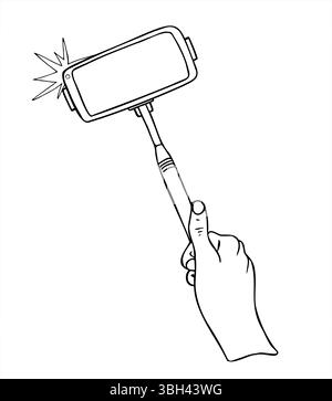 Monopiede con smartphone e icona flash illustrazione vettoriale monocromatica dipinta con inchiostri neri. Disegno di incisione dello strumento di blogging Illustrazione Vettoriale
