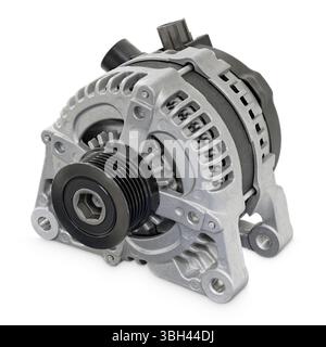 Alternatore per autoveicoli nuovo generico, generatore elettrico per autoveicoli, isolato su sfondo bianco Foto Stock