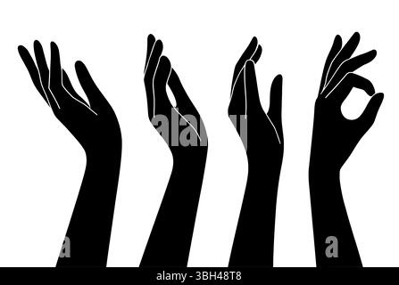 Serie vettoriale di sagome di mani umane raffiguranti vari gesti, nere su sfondo bianco Illustrazione Vettoriale