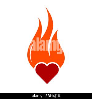 Illustrazione vettoriale del simbolo del cuore fiammeggiante. Un cuore audace e stilizzato avvolto da vivaci fiamme arancioni. Illustrazione Vettoriale