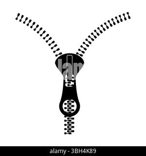 Illustrazione con cerniera lampo. L'estrattore della cerniera è ben visibile al centro, con due binari divergenti che mostrano i denti separati simmetricamente. Illustrazione Vettoriale
