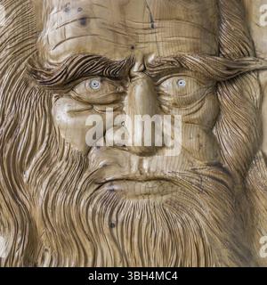 Primo piano della faccia di Leonardo da Vinci, scolpita su una tavola di legno Foto Stock