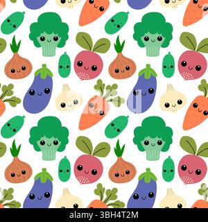 Motivo senza cuciture con verdure simpatiche. Fondo di verdure Kawaii Illustrazione Vettoriale