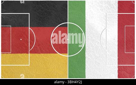 Bandiere dei paesi europei che partecipano al torneo finale del campionato di calcio 2016. Campo da calcio strutturato da Germania e Italia nazionale Foto Stock