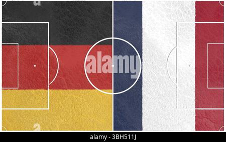 Bandiere dei paesi europei che partecipano al torneo finale del campionato di calcio 2016. Campo da calcio strutturato da Germania contro Francia nazionale Foto Stock