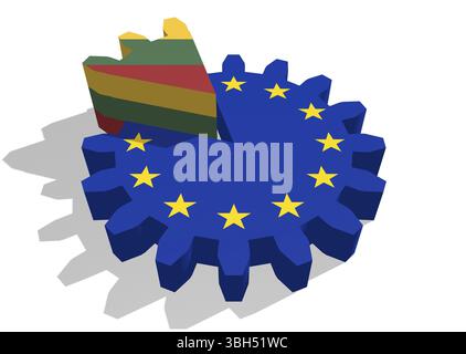 Bandiera dell'unione europea sugli attrezzi e Lituania come parte della ruota dentata. Rendering 3D. Foto Stock