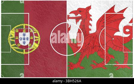 Bandiere dei paesi europei che partecipano al torneo finale del campionato di calcio 2016. Campo da calcio strutturato da Portogallo e Galles Nationa Foto Stock
