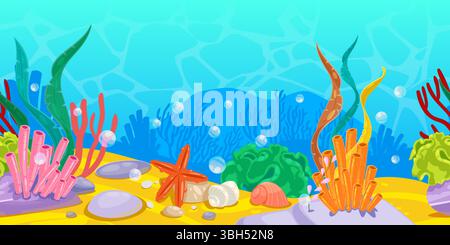 Sfondo orizzontale senza cuciture con oceano o fondo marino con colorate barriere coralline e alghe marine. Illustrazione di un cartone animato piatto vettoriale. Sott'acqua li Illustrazione Vettoriale