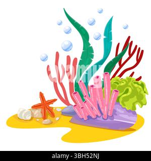 Barriera corallina isolata su sfondo bianco. Illustrazione di un cartone animato piatto vettoriale. Elemento di design per la vita sottomarina, le immersioni subacquee o l'acquario Illustrazione Vettoriale