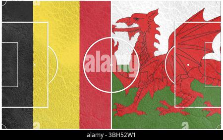 Bandiere dei paesi europei che partecipano al torneo finale del campionato di calcio 2016. Campo da calcio strutturato da Belgio e Galles nazionale Foto Stock