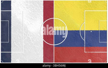 Bandiere dei paesi che partecipano al torneo di calcio. Campo da calcio rivestito da bandiere nazionali di Colombia e Francia. Rendering 3D. Foto Stock