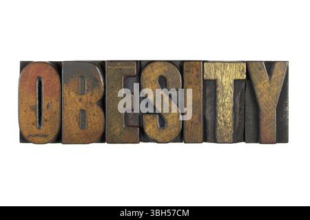 Obesità isolata su bianco e scritta in stile letterpress vintage Foto Stock