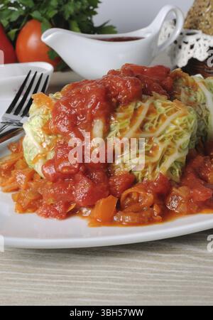 Cavolo savoy ripieno con salsa di cipolla e carote Foto Stock