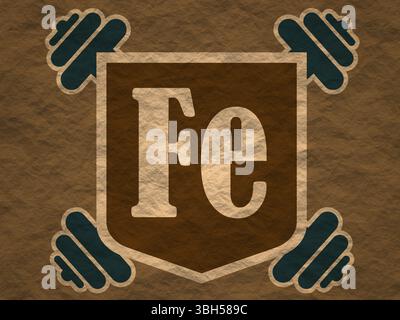 Testo FE sull'adesivo dello scudo. Immagine relativa per palestra e bodybuilding. Tag elemento chimico ferro rigenerato. Chimica nella progettazione di metafore. Carrozzerie c Foto Stock