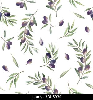 Rami di ulivo con frutta e foglie verdi. Illustrazione ad acquerello botanico disegnata a mano. Motivo senza cuciture su sfondo bianco. Per stampe, abbigliamento, carta da parati, tessuto. Foto Stock