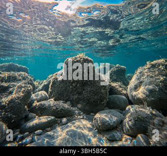Vista subacquea di rocce e ciottoli in acque turchesi limpide, filtraggio della luce attraverso la superficie. Foto Stock
