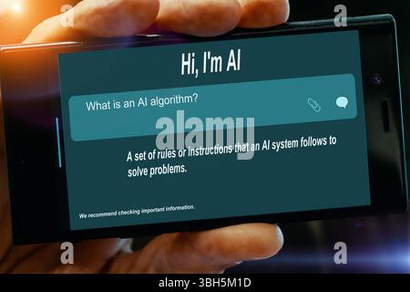 Domanda per l'intelligenza artificiale sullo schermo del tablet. Cos'è un. Algoritmo AI? Foto Stock