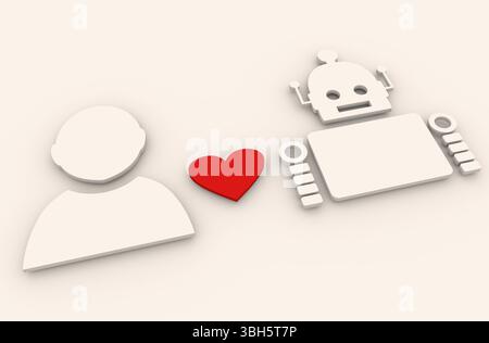 Umani e robot di relazioni. Industria robotica immagine relativa. Icona cuore tra robot e umani. Il rendering 3D Foto Stock