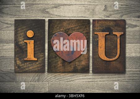 Le parole che mi PIACE DI CUORE HAI scritto in stile letterpress vintage in legno Foto Stock