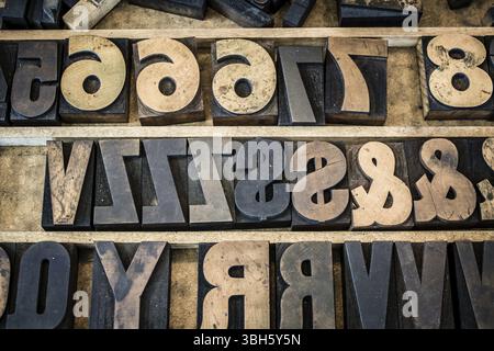 Un cassetto vintage di vecchie lettere, numeri e simboli in legno. Il tipo è macchiato di inchiostro e fotografato con le lettere naturalmente all'indietro come Foto Stock
