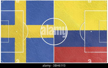 Bandiere dei paesi che partecipano al torneo di calcio. Campo da calcio rivestito da bandiere nazionali di Colombia e Svezia. Rendering 3D. Foto Stock