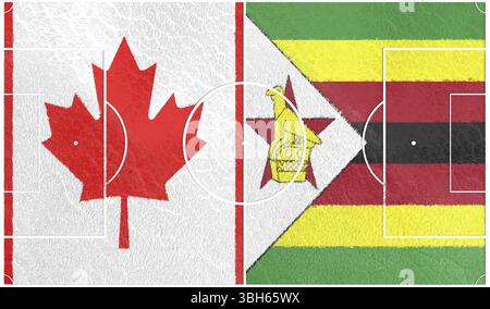 Bandiere dei paesi che partecipano al torneo di calcio. Campo da calcio con bandiere nazionali della Germania e dello Zimbabwe. Rendering 3D. Foto Stock