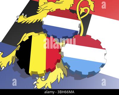 I membri dell'unione politica ed economica del Benelux battono bandiera sulle ruote dentate. Rendering 3D. Foto Stock