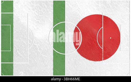 Bandiere dei paesi che partecipano al torneo di calcio. Campo da calcio caratterizzato da bandiere nazionali nigeriane e giapponesi. Rendering 3D. Foto Stock