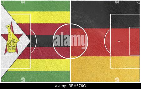 Bandiere dei paesi che partecipano al torneo di calcio. Campo da calcio con le bandiere nazionali dello Zimbabwe e della Germania.rendering 3D. Foto Stock