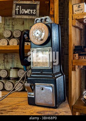Telefono a pagamento vintage, antico anni '1960 o '1970 o telefono a pagamento in esposizione in un negozio o mercato di campagna a Pike Road Alabama, Stati Uniti. Foto Stock