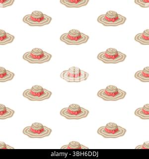 Motivo estivo senza cuciture con cappello di paglia e fiocco rosso. Sfondo vettoriale cartoni animati Illustrazione Vettoriale