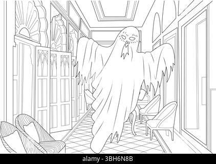 Linea in bianco e nero che raffigura un fantasma amichevole che galleggia lungo un lungo e spaventoso corridoio in una casa infestata. Perfetto per i temi di Halloween, c Illustrazione Vettoriale