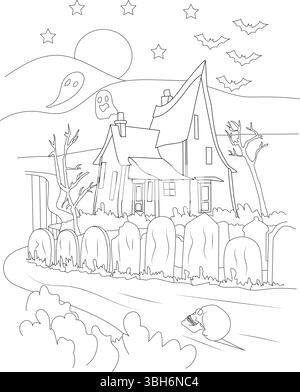 Spaventosa illustrazione in bianco e nero con una casa infestata dai fantasmi accanto a un cimitero. La scena include lapidi, pipistrelli volanti, fantasmi, uno skul Illustrazione Vettoriale