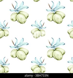 Motivo senza cuciture con olive e olio d'oliva in stile acquerello ideale per la cucina italiana sfondi carta da parati e temi della natura Illustrazione Vettoriale