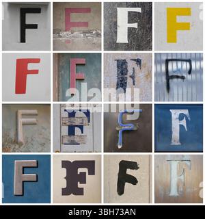 Raccolta di 16 lettere maiuscole serif e san serif scattate nelle strade urbane Foto Stock