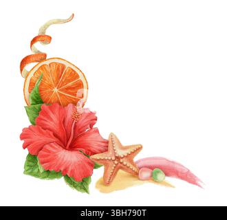 Angolo estivo con fiori di ibisco e stelle marine. Disegno ad acquerello disegnato a mano con arancione e pennello. Elemento grafico spiaggia. Perfetto Foto Stock
