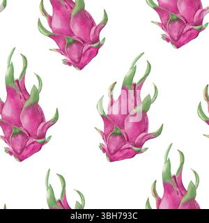 Motivo senza cuciture con frutta di drago. Acquerello illustrazione disegnata a mano del frutto pitaya rosa. Foto Stock