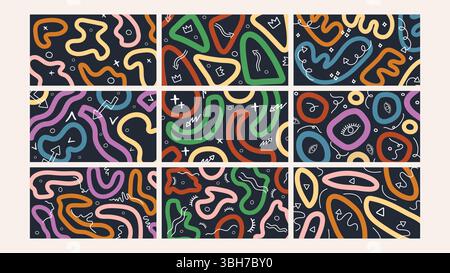 Set sfondo Doodle astratto stile neon Illustrazione Vettoriale