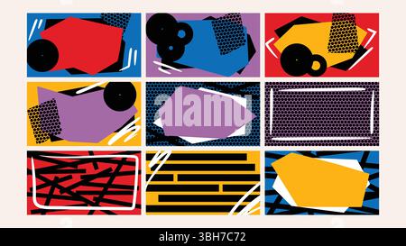 Set retroround artistico geometrico astratto stile fumetto Illustrazione Vettoriale