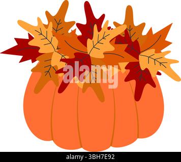 Adesivo di benvenuto per il giorno del Ringraziamento con foglie d'autunno e zucca disegnata a mano elemento di design colorato. Schede tematiche per illustrazioni vettoriali isolate inviti, eventi o banner promozionale, opuscoli, etichette, cartellino prezzi Illustrazione Vettoriale