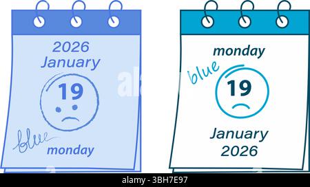 Pagine di calendario disegnate a mano con data Blu lunedì 2026 gennaio 19 Design di saluto con emoticon Sad. Schede tematiche, striscioni, opuscoli o etichette di prodotto, etichetta del prezzo, stampa Illustrazione Vettoriale