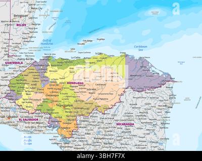 Mappa politica dettagliata dell'Honduras Illustrazione Vettoriale