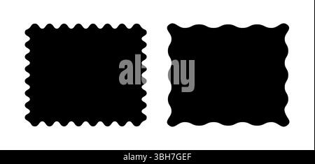 Motivi neri quadrati con bordi squillanti. Riquadri dei bordi della curva d'onda. Set di tag semplici, caselle di testo vuote, etichette, timbri, cracker, buoni con Illustrazione Vettoriale