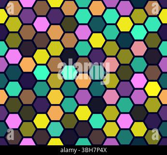 Un vivace motivo astratto caratterizzato da esagoni a incastro in una varietà di colori brillanti che creano una struttura a nido d'ape. Illustrazione Vettoriale