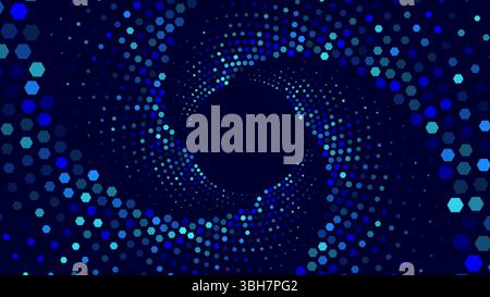 Esagoni blu che formano una spirale vorticosa intorno a un centro scuro. Illustrazione Vettoriale