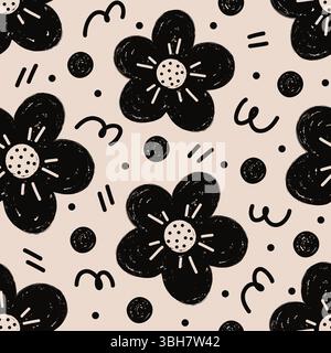 Crea un motivo con fiori disegnati a mano, pois e scarabocchi su sfondo chiaro. Illustrazione Vettoriale